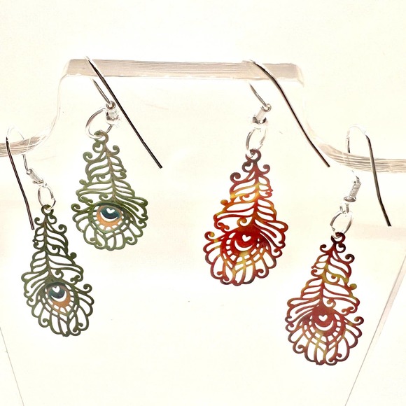 Peacock Feather Earrings - Bird Earrings - Metal Earrings - Fire Earrings - Picture 1 of 9